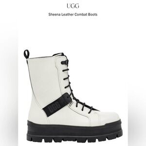 UGG Sheena White/ Black Leather Combat Boots Size 9.5
